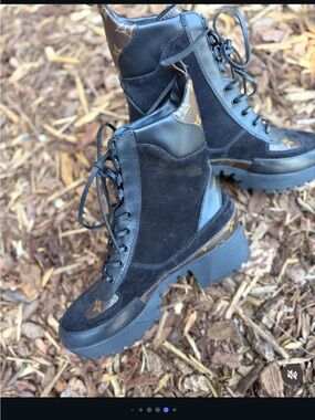 Louis Vuitton Black Suede & Monogram Lace-Up Platform Boots
